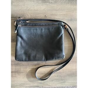 Margot New York Black Leather Crossbody Shoulder Bag Double Zip Minimalist